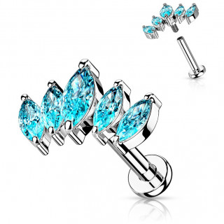 Piercing tige labret  ventail de zirconiums bleus aqua en amandes (lvre, hlix...)