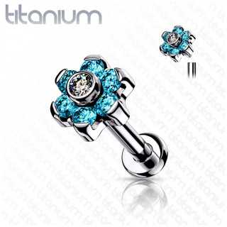 Piercing Titane fleur zirconiums bleus (lvre et oreille) - Filetage interne