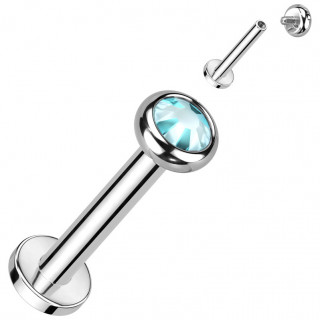 Piercing Titane Labret à cristal bleu aqua et filetage interne (lèvre, tragus, hélix...)