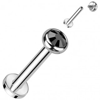 Piercing Titane Labret à cristal noir et filetage interne (lèvre, tragus, hélix...)