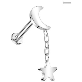 Piercing Titane labret d'oreille  lune et toile supendue (hlix, lobe...)