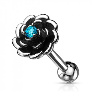 Piercing tragus fleur argente et noircie  strass - Aqua