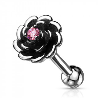 Piercing tragus fleur argente et noircie  strass - Rose