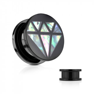Plug acrylique noir  inclusions d'abalone en forme de diamant