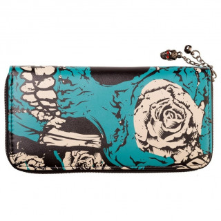 Portefeuille goth-rock Banned à crane bleu turquoise et roses blanches
