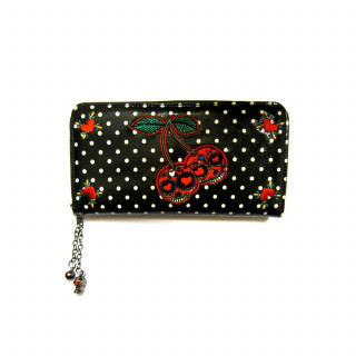 Portefeuille goth-rockabilly Banned à pois et cerises en cranes de sucre