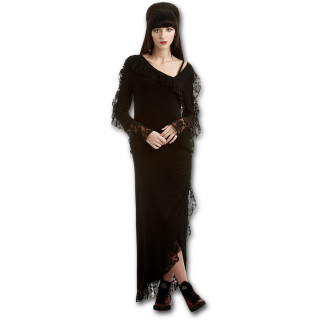 Robe de soire gothique noire  coupe asymtrique avec dentelle