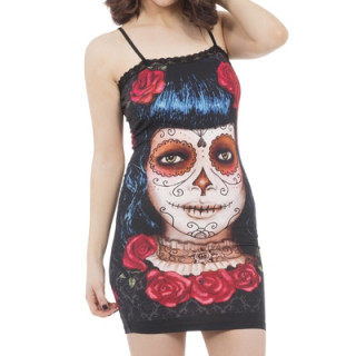 Robe gothique Jawbreaker  jeune femme maquille style "jour des morts"