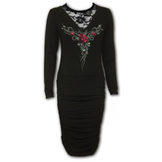 Robe longue gothique noire "TRIBAL ROSE"  col dentelle