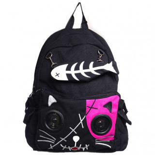 Sac  dos goth-rock Banned noir et rose  tte de chat avec les yeux en enceintes