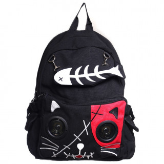 Sac  dos goth-rock Banned noir et rouge  tte de chat avec les yeux en enceintes