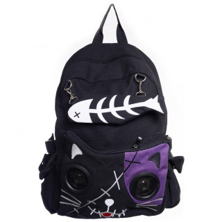 Sac  dos goth-rock Banned noir et violet  tte de chat avec les yeux en enceintes