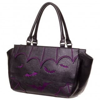 Sac  main gothique Banned noir  chauve-souris violettes en relief