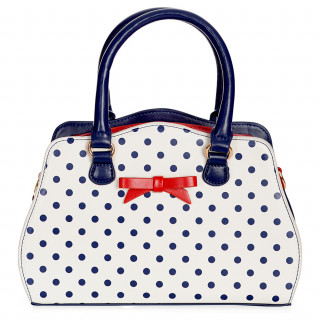 Sac  main style vintage blanc  pois bleus et noeud rouge "POPPY POLKA"