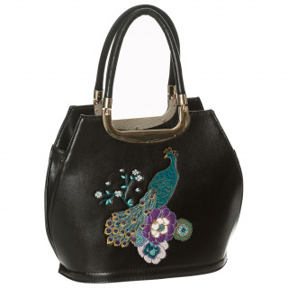 Sac  main vintage  Paon sur branche en fleurs - Noir