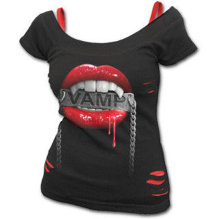 T-shirt dbardeur (2en1)  bouche de vampire et plaque mtallique