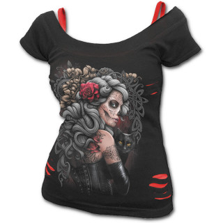 T-shirt dbardeur (2en1) femme  catrina calavera et chat noir