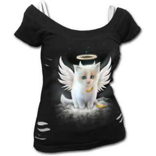 T-shirt dbardeur (2en1) femme gothique avec chat blanc en ange