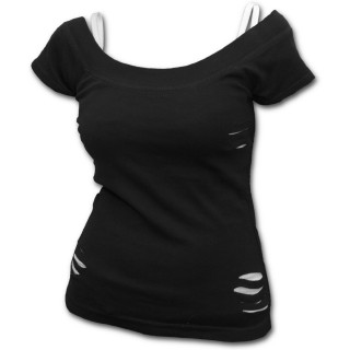 T-shirt dbardeur (2en1) gothique noir pour femme  griffures blanches