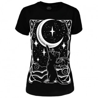 T-shirt femme chat noir  ailes de chauve-souris jouant avec la lune - RESTYLE