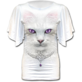 T-shirt femme gothique blanc  manches voiles avec chat  collier celtique