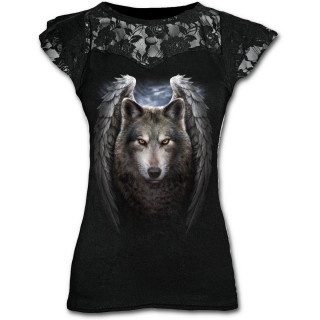 T-shirt femme gothique  dentelle avec ange des loups