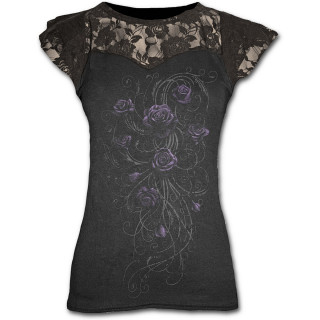 T-shirt femme gothique  dentelle avec roses violettes