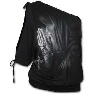 T-shirt femme gothique  paule nue  femme priant avec une croix  crane