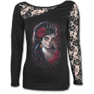 T-shirt femme gothique  manche longue en dentelle  motif "Jour des morts"