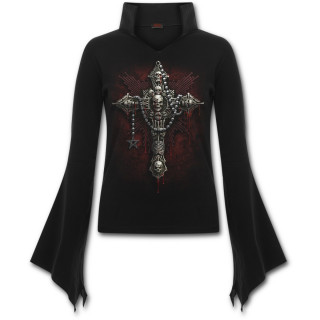 T-shirt femme gothique  manches amples avec croix squelettes et chapelet pentagramme