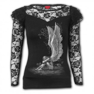 T-shirt femme gothique  manches en dentelle avec ange  ailes dployes sur pentagramme