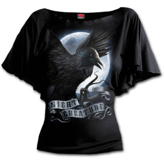 T-shirt femme gothique  manches voiles avec corbeau, pleine lune et crane