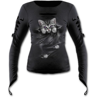T-shirt femme gothique ouvert  manche longues avec chat gris  griffes sorties et dchirures