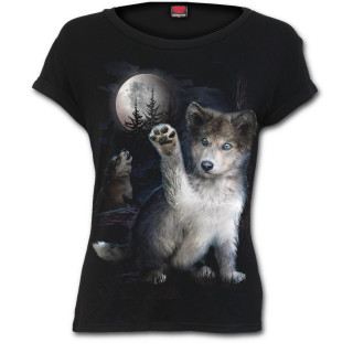 T-shirt femme noir avec bb loup sur fond de lune