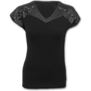 T-shirt femme noir gothique  manches courtes rivetes