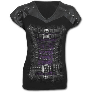 T-shirt femme gothique avec motif corset de cuir et mtal