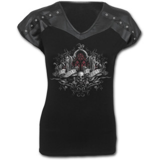 T-shirt femme noir gothique  manches courtes rivetes "In goth we trust"