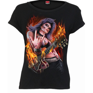 T-shirt femme  rockeuse style calavera avec guitare
