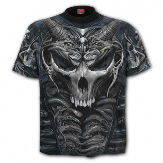 T-shirt gothique homme "SKULL ARMOUR" à crane cornu et squelette méca