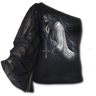 T-shirt gothique  manche voile et paule nue avec femme vampire et crucifix