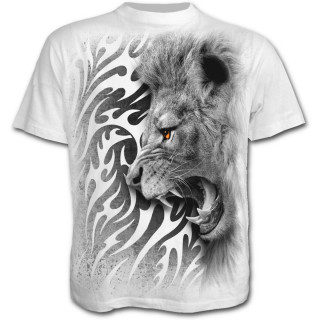 T-shirt homme blanc avec lion rugissant et motif tribal