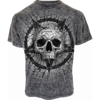 T-shirt homme gris dlav effet craquel  tte de mort et pentacle