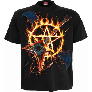 T-shirt homme guitare  ailes de dmon traversant un pentacle de feu