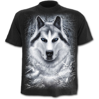 T-shirt noir pour enfant  loup dans une fort enneige