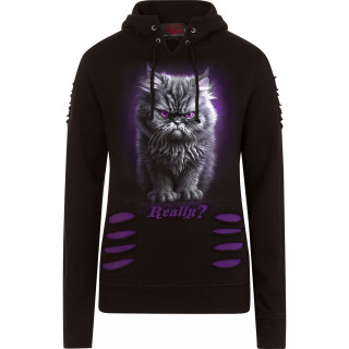 Sweat capuche femme  chat pas content style "Angry cat" et griffures violettes