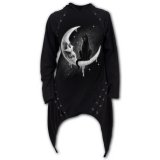 Sweat-capuche femme long à oeillets avec chat noir sur lune