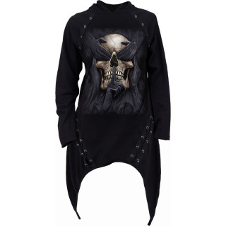 Sweat-capuche femme long  oeillets avec crane "SEE NO EVIL"