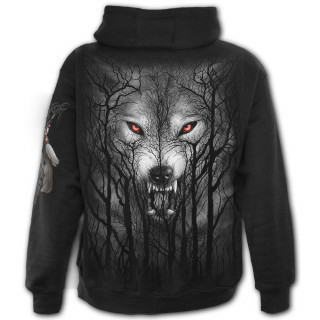 Sweat capuche homme ZIP  loup hurlant dans les arbres et pleine lune