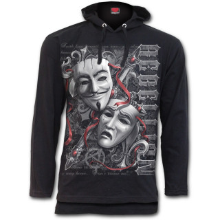 Sweat-shirt homme d't noir "REBELLION" avec croix et masques vnitiens