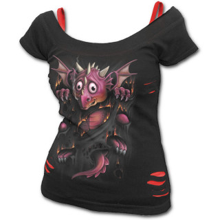 T-shirt dbardeur (2en1) femme gothique avec bb dragon et griffures